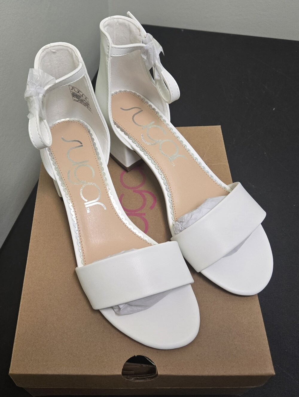 SUGAR White Ankle-Strap Block Heel Sandals 9M, 2 Inch Comfy Heel